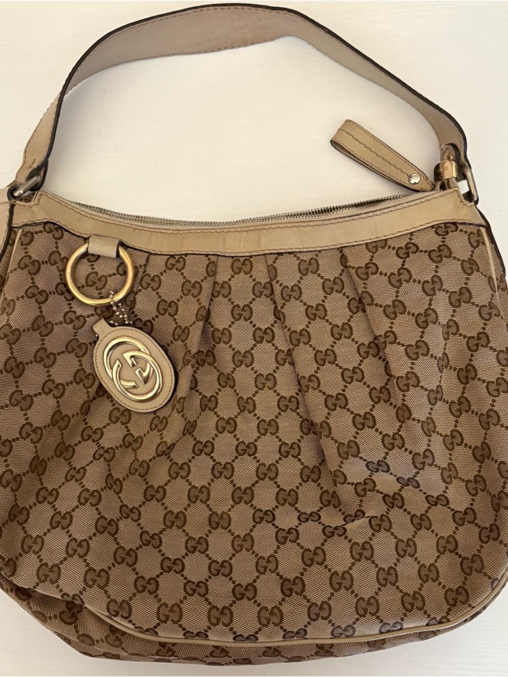 Gucci Beige and Brown GG Canvas Shoulder Bag with Gold Charm